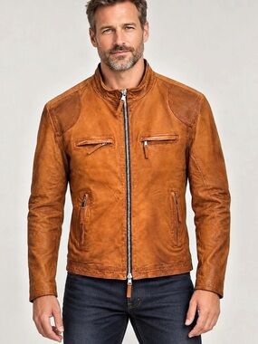 Milestone Fidelio Cognac Leather Moto Jacket NWT EU 50